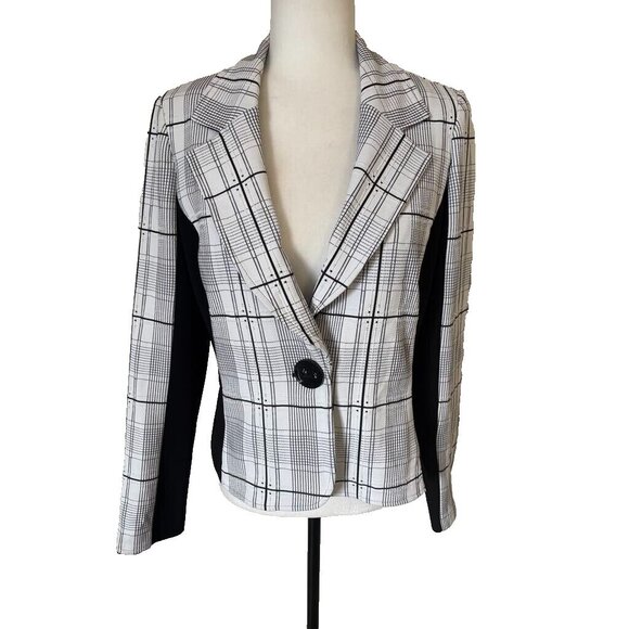JOSEPH RIBKOFF Short Jacket Blazer Size 10 Black White One Button Front Lined - Picture 1 of 7